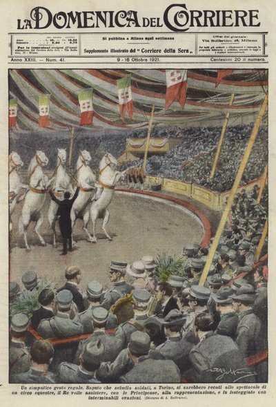 トリノのサーカスで馬のパフォーマンスを見ている兵士 作： Achille Beltrame