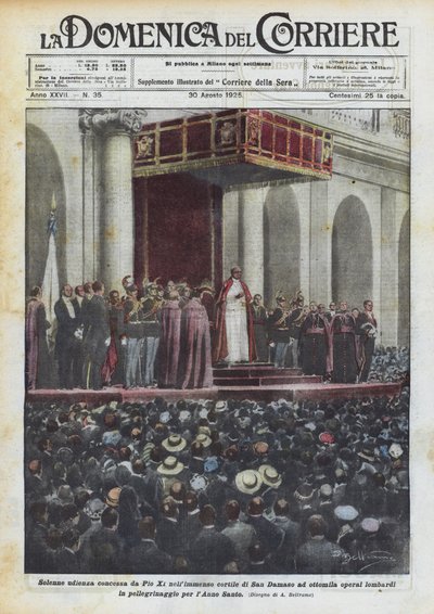 サンダマソの広大な中庭でPius XIによって8千人のロンバード労働者に与えられた厳粛な公聴会？ 作： Achille Beltrame