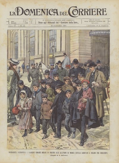 愛国心のある連帯、モディカの洪水の後孤児になった子供たち？ 作： Achille Beltrame