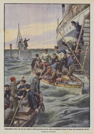 アイルランド海でイギリスの数隻の蒸気船を10分で沈めるドイツの潜水艦？ 作： Achille Beltrame
