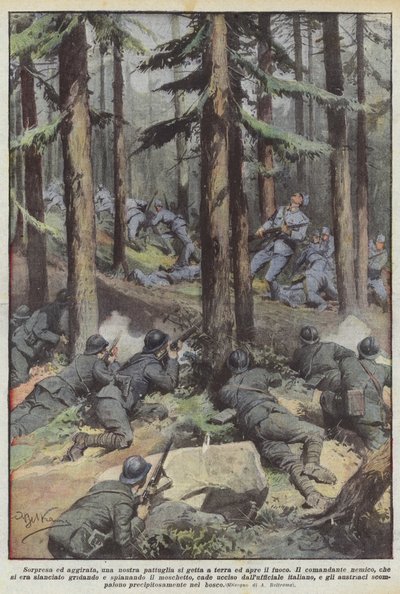 私たちのパトロールの1人が地面に身を投げ、発砲します。 作： Achille Beltrame