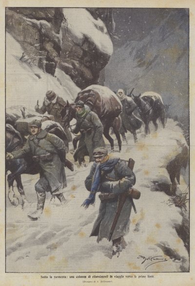吹雪の下で、前線に向かって移動する物資の列 作： Achille Beltrame