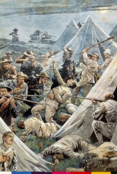 南アフリカ共和国第二次ボーア戦争。トゥイーフォンテンのイギリス軍キャンプへの攻撃（1902年）。Achille Beltrameによるイラスト。エングレーヴィング。 作： Achille Beltrame