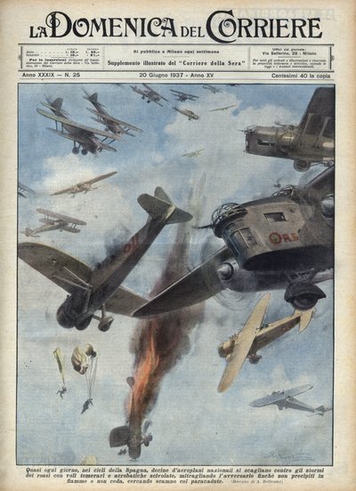 スペイン内戦：戦争中のスペイン上空での共和派と民族派の飛行機の衝突。1937年6月20日の "La domenica del Corriere "に掲載されたAchille Beltrameのイラスト。 作： Achille Beltrame