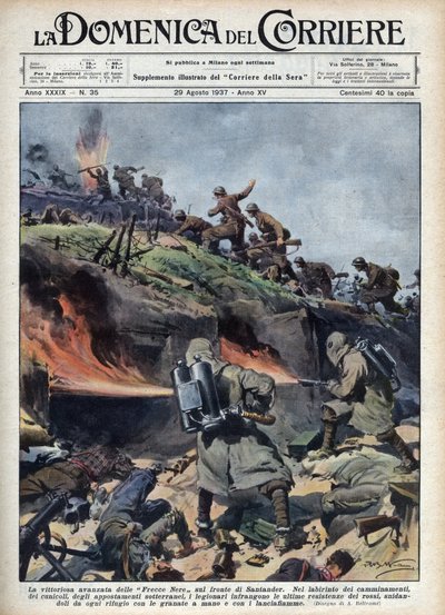 スペイン内戦：サンタンデール戦線での "Frecce nere "旅団の前進。1937年8月29日の "La domenica del corriere "に掲載されたAchille Beltrameのイラスト。 作： Achille Beltrame