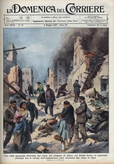 スペイン内戦：赤で荒廃したバスク地方のエイバルの街の廃墟の風景。1937年9月5日の "La domenica del Corriere "に掲載されたAchille Beltrameのイラスト。 作： Achille Beltrame