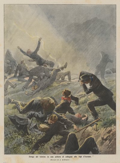 オーランアルプスの学生のグループにおける雷の虐殺 作： Achille Beltrame