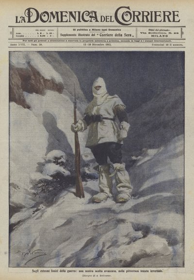 戦争の極限において、絵のような冬の地所における私たちの進歩の1つ 作： Achille Beltrame