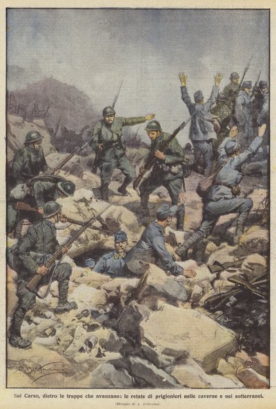 カルストでは、前進する軍隊の背後で、洞窟や地下での囚人の襲撃 作： Achille Beltrame