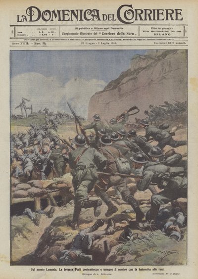 レメル山では、フォルリの旅団が敵に反撃し、腎臓への銃剣で敵を追います 作： Achille Beltrame