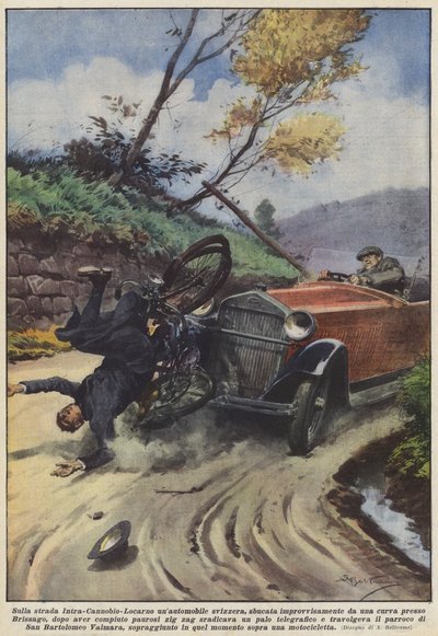 カンノビオ・ロカルノ内道路で、急にカーブから抜け出したスイスの車？ 作： Achille Beltrame