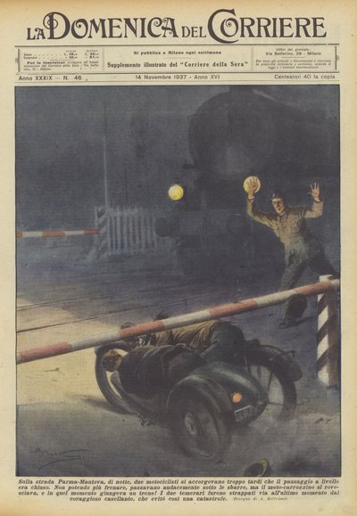 パルマとマントゥアの道路で、夜間に2人のバイク乗りが遅すぎたのに気づきました。 作： Achille Beltrame