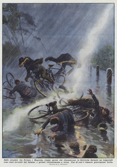 ノバラとマゼンタの間の道路で、自転車で帰宅した5人の労働者？ 作： Achille Beltrame