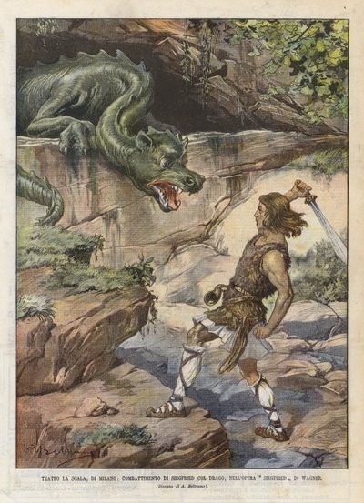 スカラ座、ミラノ、ジークフリートのドラゴンとの戦い、ワーグナーのジークフリートオペラ 作： Achille Beltrame