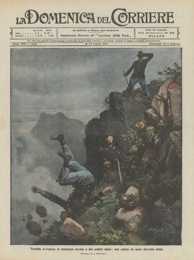 2人の高山兵に襲われた恐ろしい山の冒険、ほぼ200メートルからの落下 作： Achille Beltrame