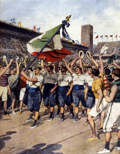 1912年ストックホルムオリンピック：優勝したイタリア体操チーム。A. Beltrameのイラスト。ラ・ドメニカ・デル・コリエール 作： Achille Beltrame