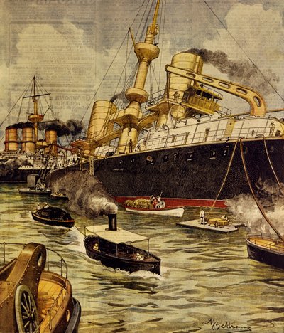 ガリポリ付近で座礁した戦艦「アンドレア・ドーリア」（Achille Beltrame（1871-1945）作、「La Domenica del Corriere」より）。 作： Achille Beltrame