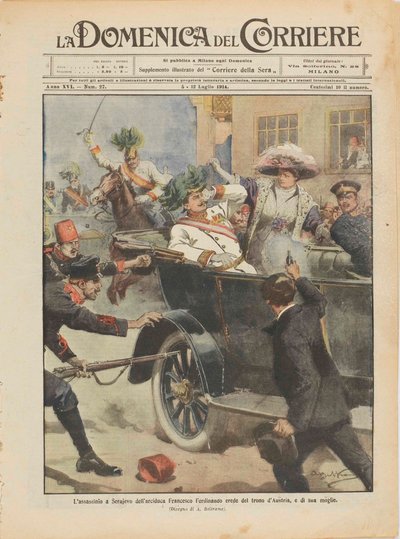 1914年6月28日、サラエボで起きたオーストリアのフランツ・フェルディナンド大公夫妻の暗殺事件。   作： Achille Beltrame