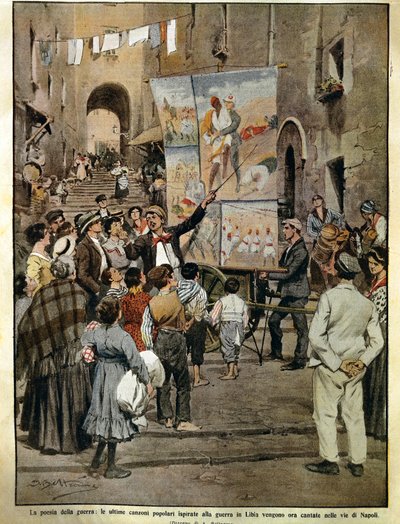 1910年12月8日のDomenica del Corriere（イタリアの日曜新聞）、バラード歌手がナポリで歌っているリビア戦争に触発されたフォークソング、Achille Beltrame作、イラスト 作： Achille Beltrame