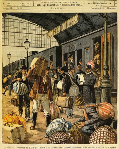 1901年4月7日付のLa Domenica del Corriere紙に掲載されたAchille Beltrame（1871-1945）の「The Great Emigration: arrivals and departes of Southern Italian emigrants to Canada」。 作： Achille Beltrame