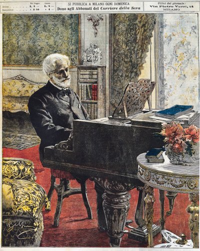 イタリアの作曲家ジュゼッペ・ヴェルディの書斎（Achille Beltrame（1871-1945）作のプレート）、La Domenica del Corriere、10月8日 作： Achille Beltrame