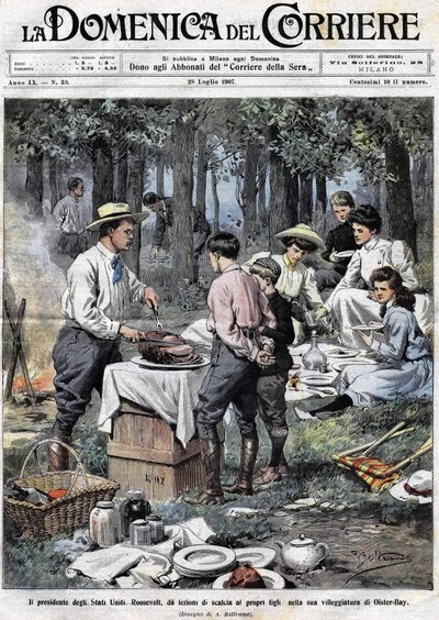 アメリカ大統領セオドア・ルーズベルト（1858～1919）は、オイスター・ベイの第2の住居でピクニックをした際に足を切断して、息子たちに社会人としての義務を教えた。イラストはAchille Beltrameによるものです。ラ・ドメニカ・デル・コリエール 作： Achille Beltrame