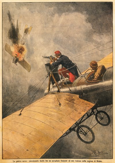 空の戦争。ランス上空でのフランス機とドイツ機の決闘、Achille Beltrame（1871-1945）作、1914年10月25日のLa Domenica del Corriereより。 作： Achille Beltrame