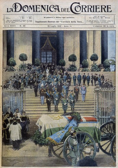 1931年7月19日の "la Domenica del Corriere "に掲載されたdess.de A.Beltrameの記事によると、葬儀の行列が街中を横切った後、トリノでアオスタ公の遺体を祝福している。 作： Achille Beltrame