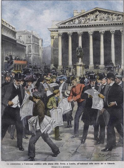 国王エドワード7世が亡くなった翌日のこと。アキレ・ベルトラメのイラスト。1910年5月 作： Achille Beltrame