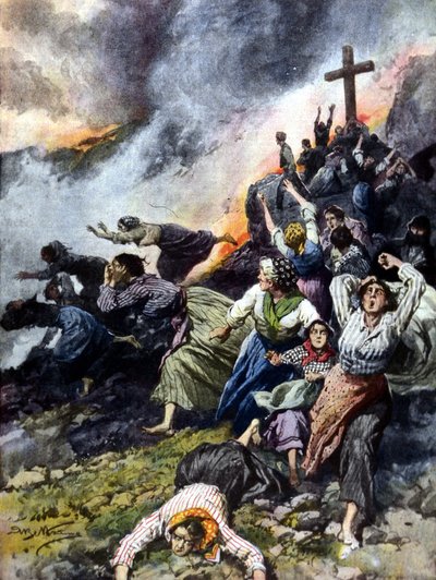 1902年、シチリア島のエトナ火山の噴火。A. Beltrameによるイラスト。"La Domenica del Corriere". 作： Achille Beltrame