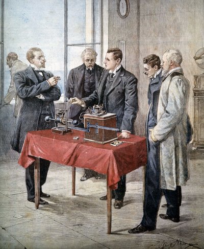 1899年のグリエルモ・マルコーニ（1874〜1937）の体験談。海峡を渡る無線電信。Domenica del Corriere "に掲載されたAchille Beltrameのイラスト。 作： Achille Beltrame