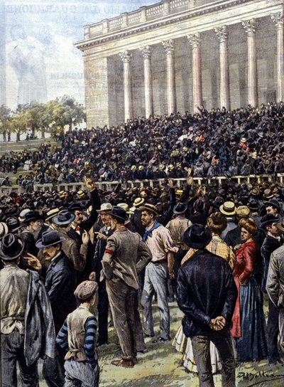 ミラノのゼネスト：数千人の労働者がアレーナに集まった。A. Beltrameの絵。"La Domenica del Corriere" 作： Achille Beltrame