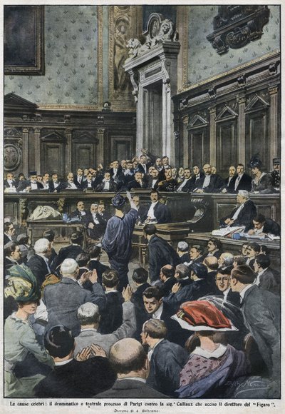 The grand procés: フィガロのディレクターを殺害したCaillaux夫人によるパリでの大規模なプロセ。"La Domenica del Corriere"、1914年11月22日から29日まで。 作： Achille Beltrame