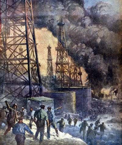 炎と炎の地獄。カリフォルニア州のシグナルヒル油井火災。イラストはW.ベルトラメ。"La Domenica del corriere", 28/12/1924. 作： Achille Beltrame
