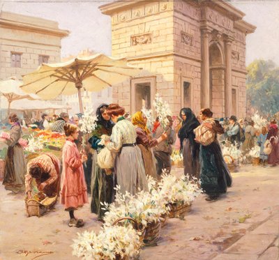 ミラノのポルタ・ガリバルディの百合市場（Achille Beltrame（1871-1945）作、『La Domenica del Corriere』より、イタリア 20世紀 作： Achille Beltrame