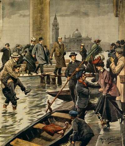 ヴェネツィアのサン・マルコ広場の高潮現象（Achille Beltrame（1871-1945）作、『La Domenica del Corriere』より）。 作： Achille Beltrame