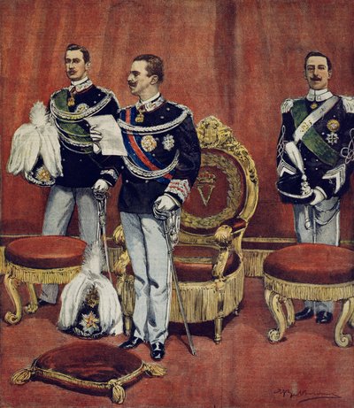 ヴィットリオ・エマヌエーレ3世のローマ元老院での宣誓式（Achille Beltrame（1871-1945）作、「La Domenica del Corriere」より）。 作： Achille Beltrame