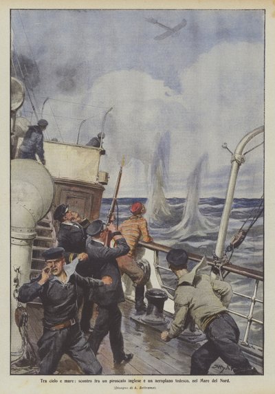 空と海の間、北海でのイギリスの汽船とドイツの飛行機の衝突 作： Achille Beltrame
