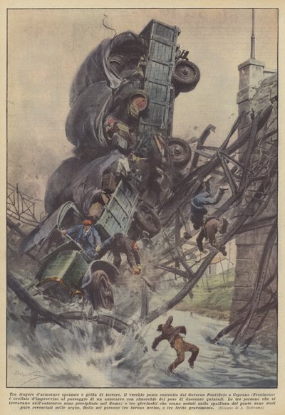 雷の壊れた鎧と恐怖の叫びの間に、政府によって建てられた古い橋？ 作： Achille Beltrame