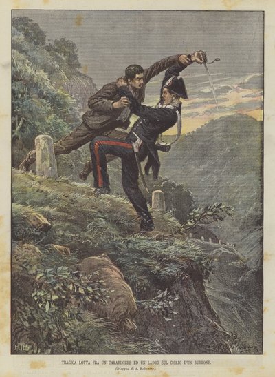 峡谷の端にあるカラビニエールと泥棒の悲劇的な闘い 作： Achille Beltrame
