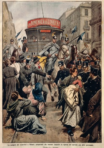 ミラノのトラムストライキ、イラスト、Achille Beltrame（1871-1945）、La Domenica del Corriereより。 作： Achille Beltrame