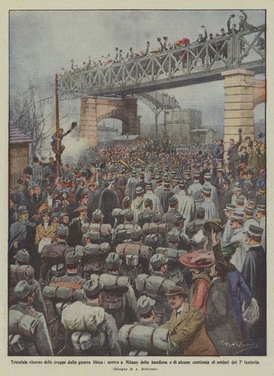 リビア戦争からの軍の勝利の返還、旗の到着、そしていくつかはミラノに？ 作： Achille Beltrame