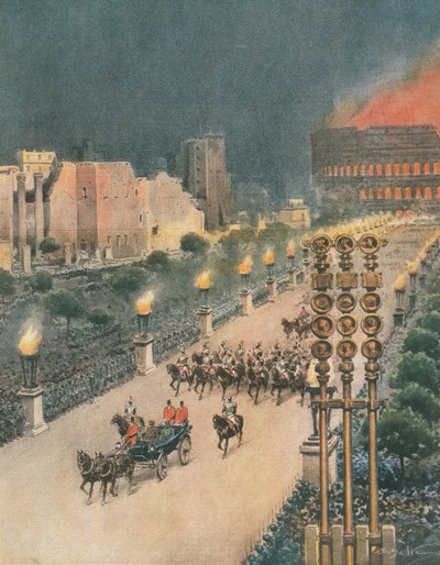 ローマでのアドルフ・ヒトラーの凱旋門、「The Sunday Courier」のイラスト 作： Achille Beltrame