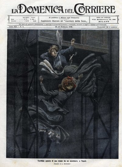 1910年、ナポリのエレベーターから2人の女性が落下した。 作： Achille Beltrame