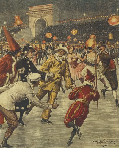 ミラノのアレンの氷上で行われる典型的な仮装パーティー（イラスト：Achille Beltrame、イラストレーター：Achille Beltrame（1871-1945）、「La Domenica del Corriere」より 作： Achille Beltrame