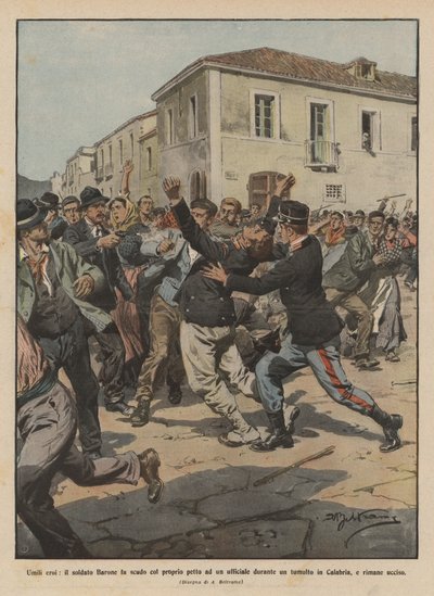 謙虚な英雄たち、兵士男爵は暴動の間に将校を胸で守っていますか？ 作： Achille Beltrame