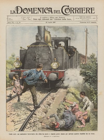 謙虚な英雄、死に抵抗し、4人を救うために深刻な被害を受ける鉄道のカントニエール？ 作： Achille Beltrame