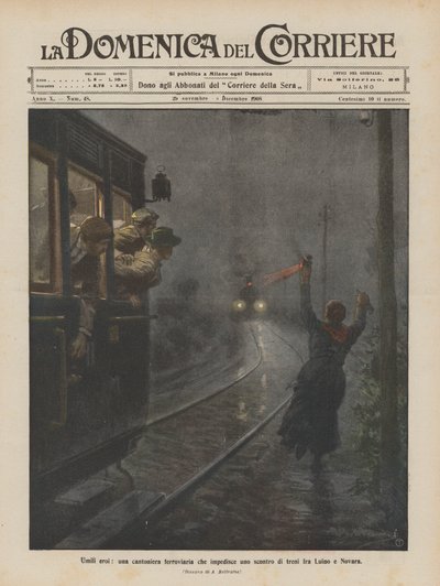控えめなヒーロー、ルイーノとノバラの間の列車の衝突を防ぐ駅 作： Achille Beltrame