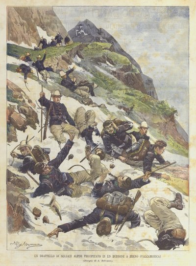 ブレノ（バルカモニカ）の渓谷に突入した高山の兵士のドラペロ 作： Achille Beltrame