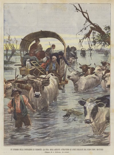 ピエモンテの洪水のエピソード、浸水した水を通した住民の脱出？ 作： Achille Beltrame